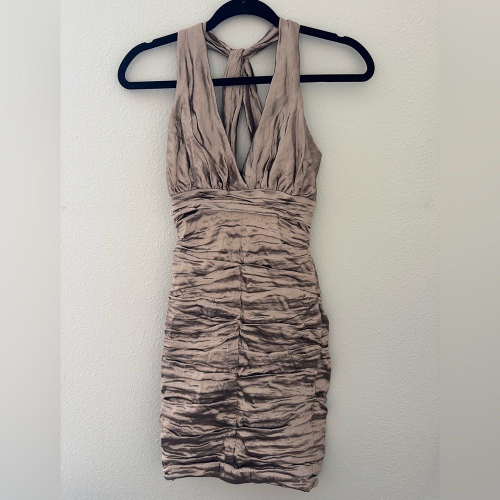 Nicole Miller Bronze Halter Neck Ruched Dress